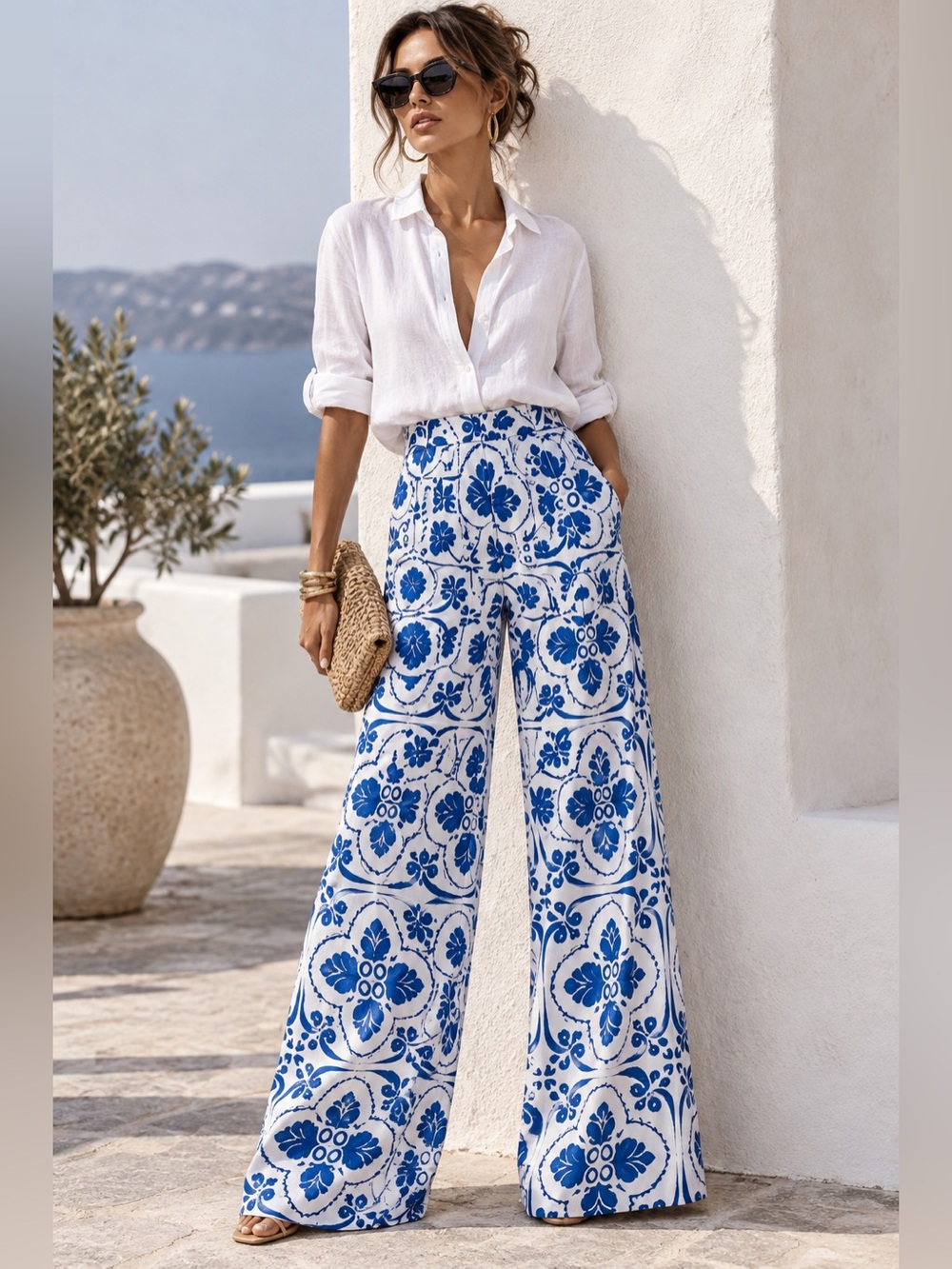 Blue White Coastal Tile Print Wide Leg Palazzo Pants High Rise Zip Closure L